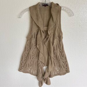Takeout Sleeveless Crochet Y2K Sweater Cardigan Womens XS Tan Drape Open Front
